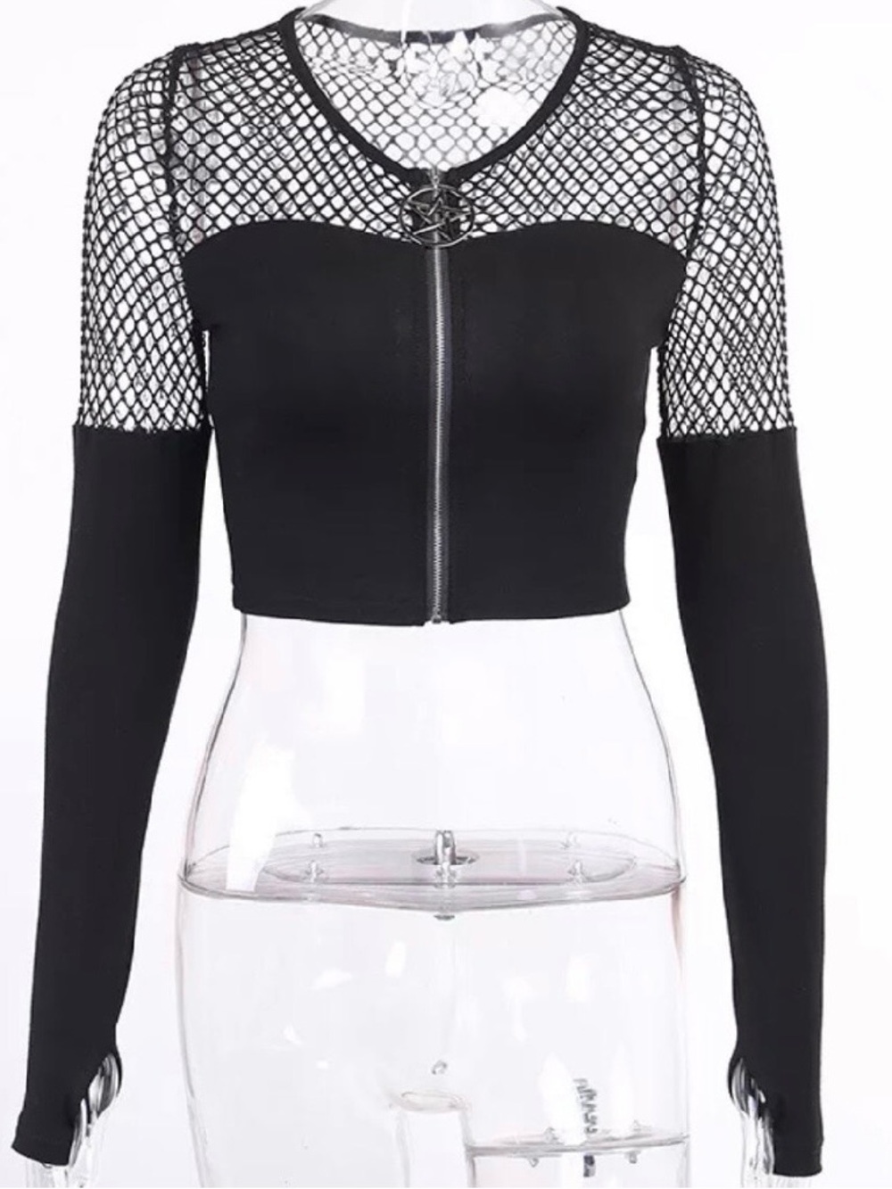 Black Fishnet pentagram Paneled Cropped Zip-Front Top
